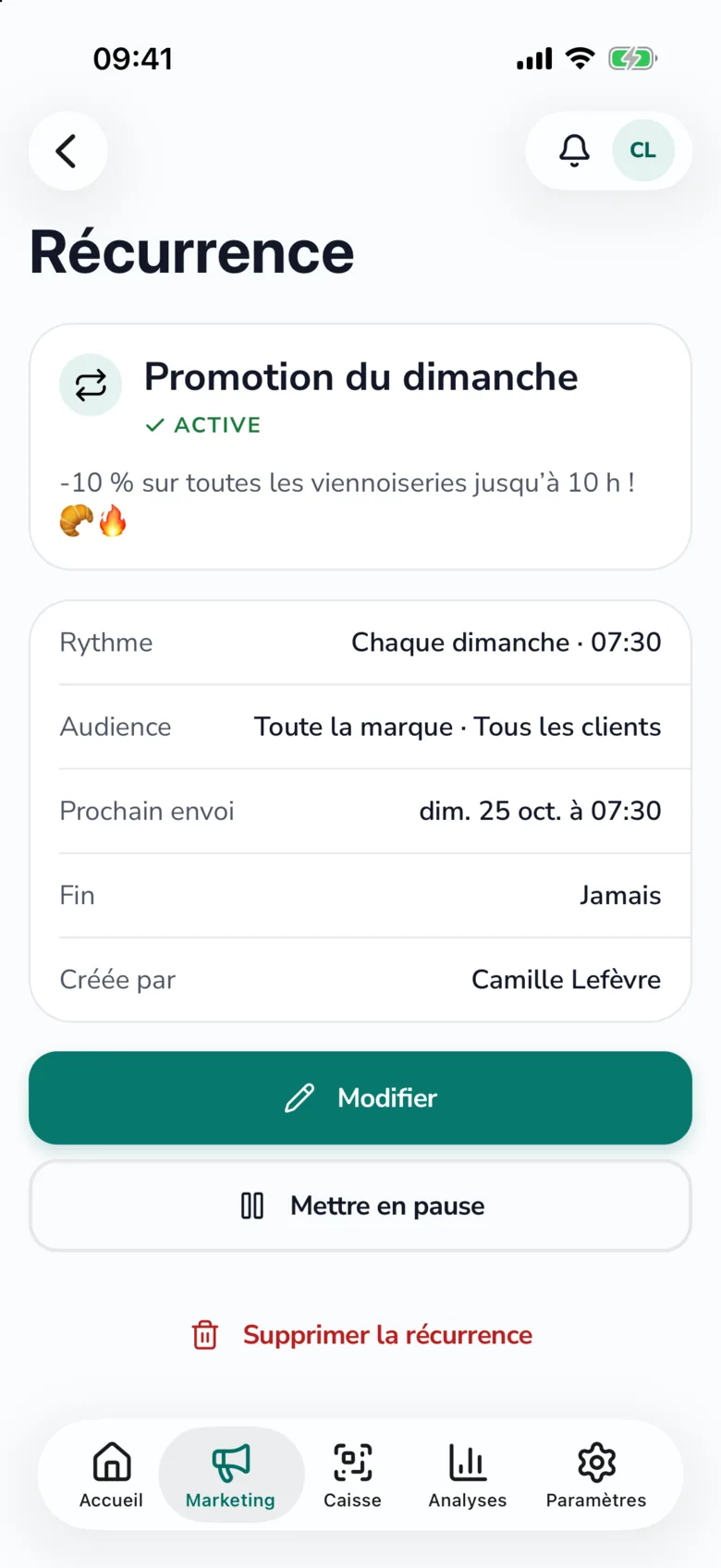 Détail de la récurrence Promotion du dimanche : chaque dimanche à 7 h 30, message « -10 % sur toutes les viennoiseries jusqu'à 10 h »