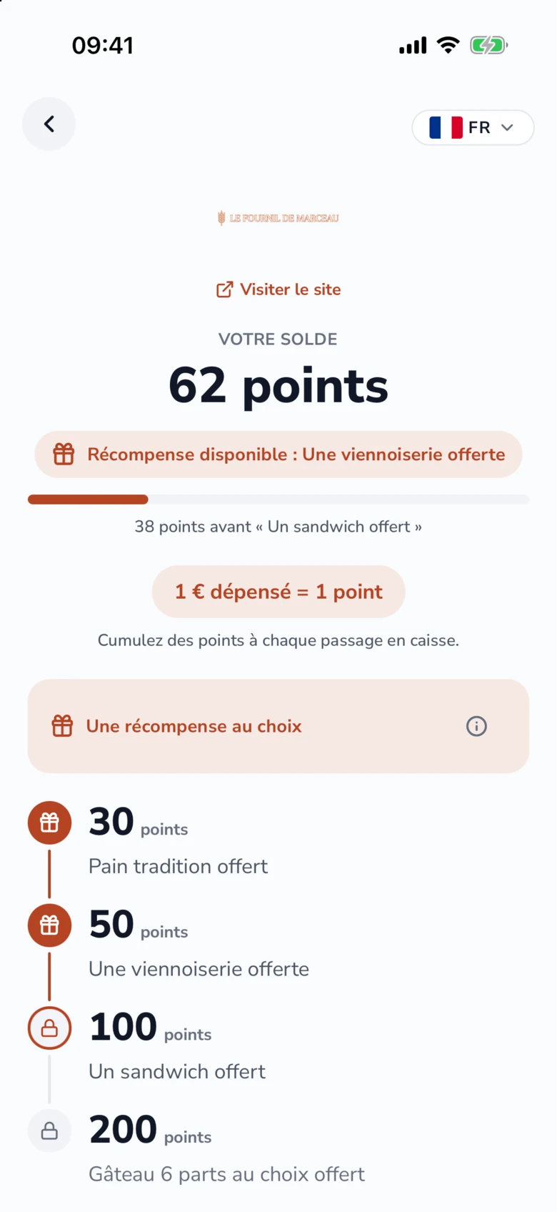 Page publique du Fournil de Marceau vue par le client : solde de 62 points, encore 38 points avant un sandwich offert et paliers